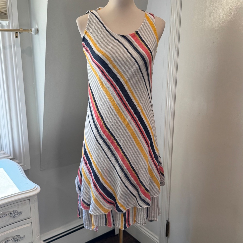 Belle France Italian Linen Diagonal Striped Midi Layered Hem Dress Chic | Size S